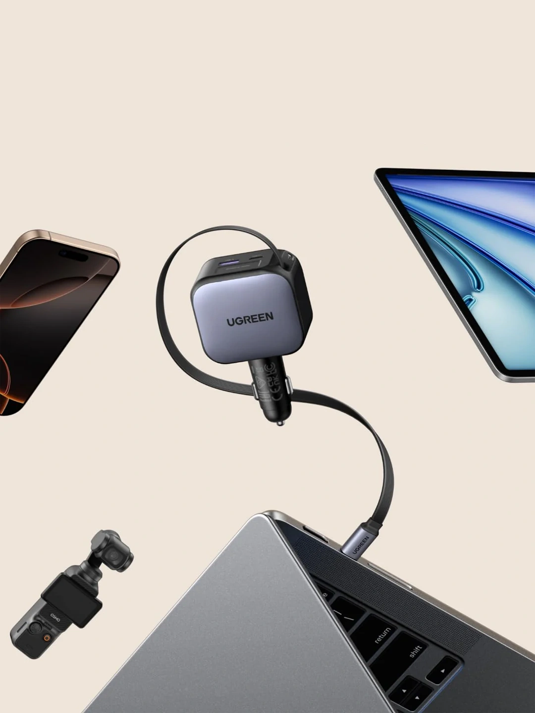 UGREEN Nexode avtomobil zaryadlovchi qurilmasi 145 Vt,tortib olinadigan USB-C kabeli bilan 2