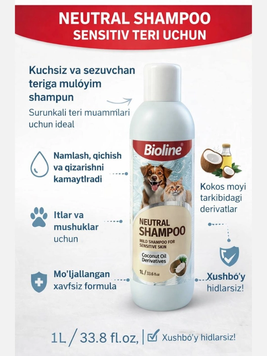 Mushuk va itlarning nozik teri uchun shampun, 250 ml - 