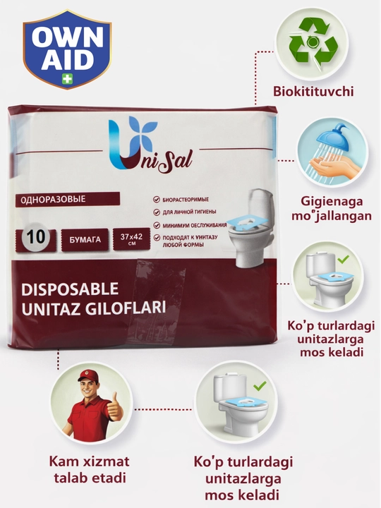 UniSal bir martalik qog‘oz unitaz qoplamalari, shaxsiy gigiyena uchun, 10 dona - 