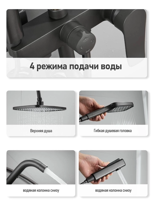 Душевая система с верхним душем, ручной лейкой и нижним изливом, 4 режима