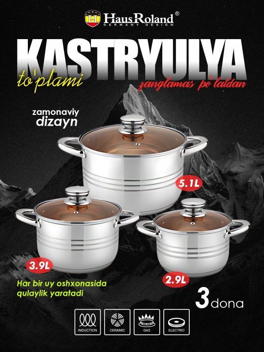 HausRoland zanglamas po‘lat kastryulya to‘plami, shisha qopqoqli, 3 dona - 
