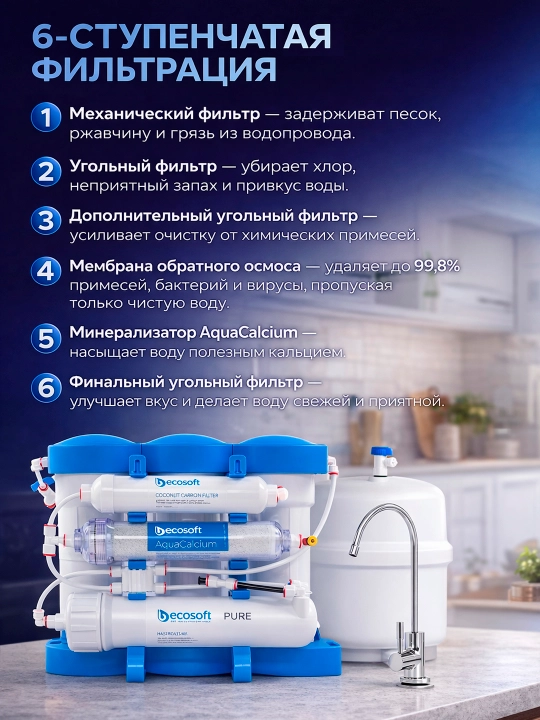 Lavabo ostida suv filtri, oshxona, uy uchun, teskari osmos Ecosoft PURE AQUACALCIUM