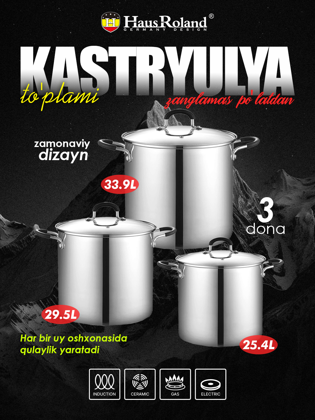 HausRoland zanglamas po‘lat kastryulya to‘plami, shisha qopqoqli, 3 dona - 