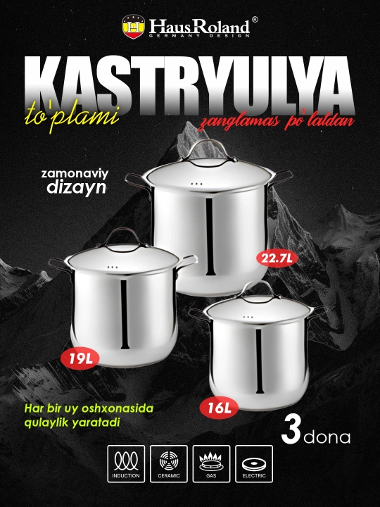 HausRoland zanglamas po‘lat kastryulya to‘plami, shisha qopqoqli, 3 dona - 