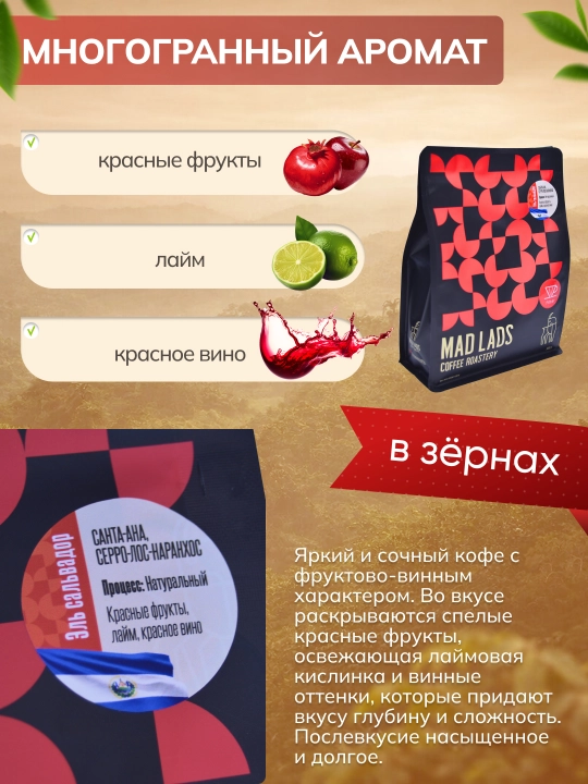 Кофе в зернах, 100% арабика, Сальвадор (Санта-Ана), свежая обжарка MADLADS Coffee Roastery