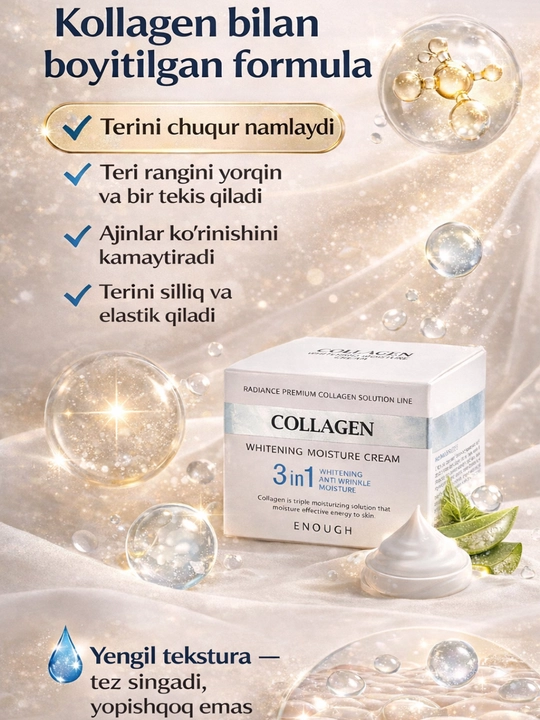 Kollagenli oqartiruvchi, namlantiruvch, ajinlarga qarshi va yoshartiruvchi yuz krem, 50 ml