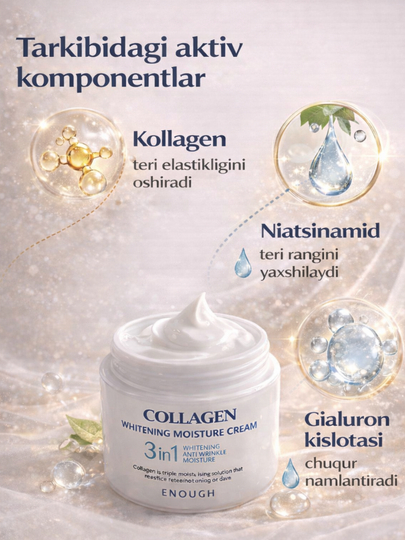 Kollagenli oqartiruvchi, namlantiruvch, ajinlarga qarshi va yoshartiruvchi yuz krem, 50 ml