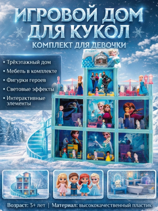 Bolalar uchun o‘yinchoq uycha, qo‘g‘irchoqlar uchun “Muzli yurak” (FROZEN) qasri - 