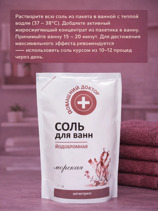 Соль для ванн Домашний Доктор, расслабление и увлажнение с морской солью, 500 мл
