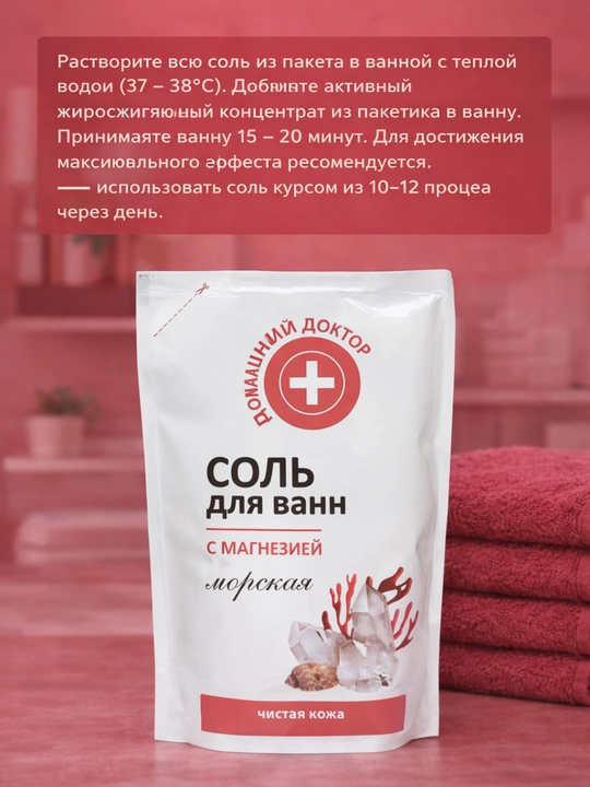 Соль для ванн Домашний Доктор, расслабление и увлажнение с морской солью, 500 мл