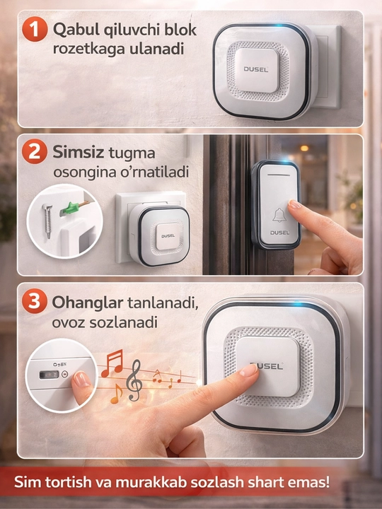 DUSEL Simsiz Eshik Qo‘ng‘irog‘i38 ta Ohangli, Batareyali, Masofadan Ishlaydi
