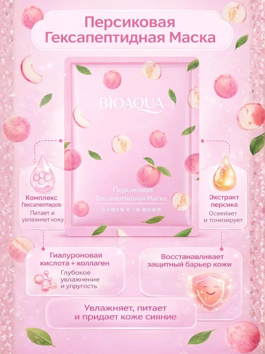 BIOAQUA Peach Hexapeptide yuz uchun matoli niqob - 