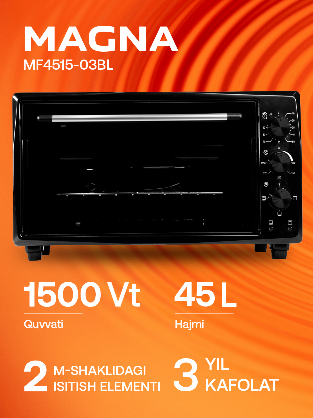 Mini pech MAGNA MF4515-03BL, hajmi 45 litr, quvvati 1500 Vt
