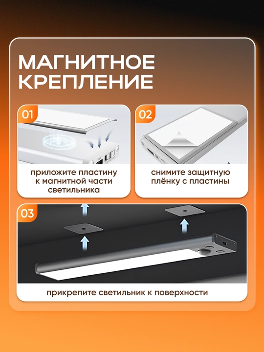 Светильник с датчиком движения, беспроводной, магнитное крепление, USB зарядка