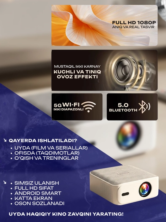 Проектор умный Android LED Full HD 1080p с Wi-Fi и Bluetooth