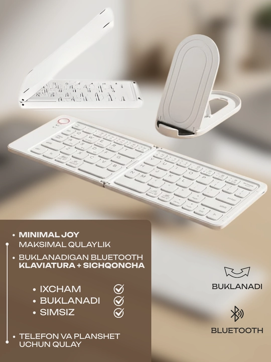 Bluetooth buklanadigan klaviatura B023, simsiz, Android iOS Windows uchun
