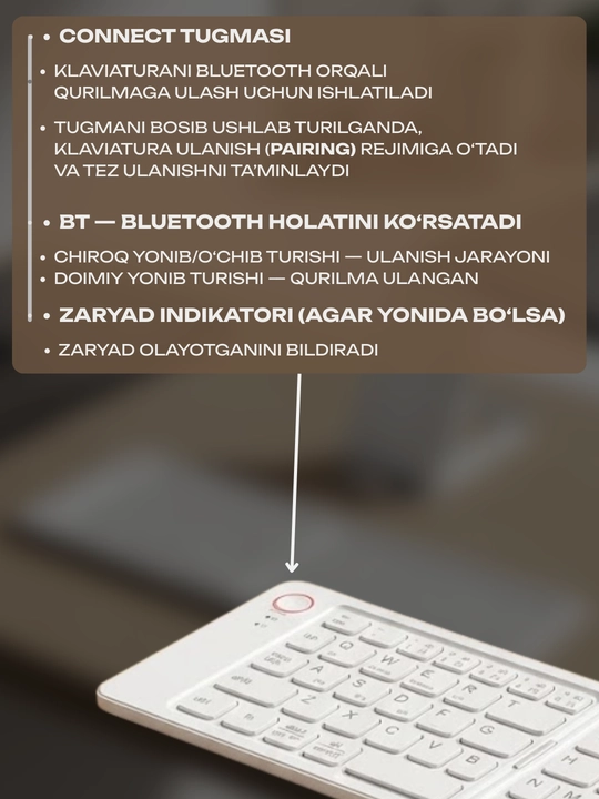 Bluetooth buklanadigan klaviatura B023, simsiz, Android iOS Windows uchun