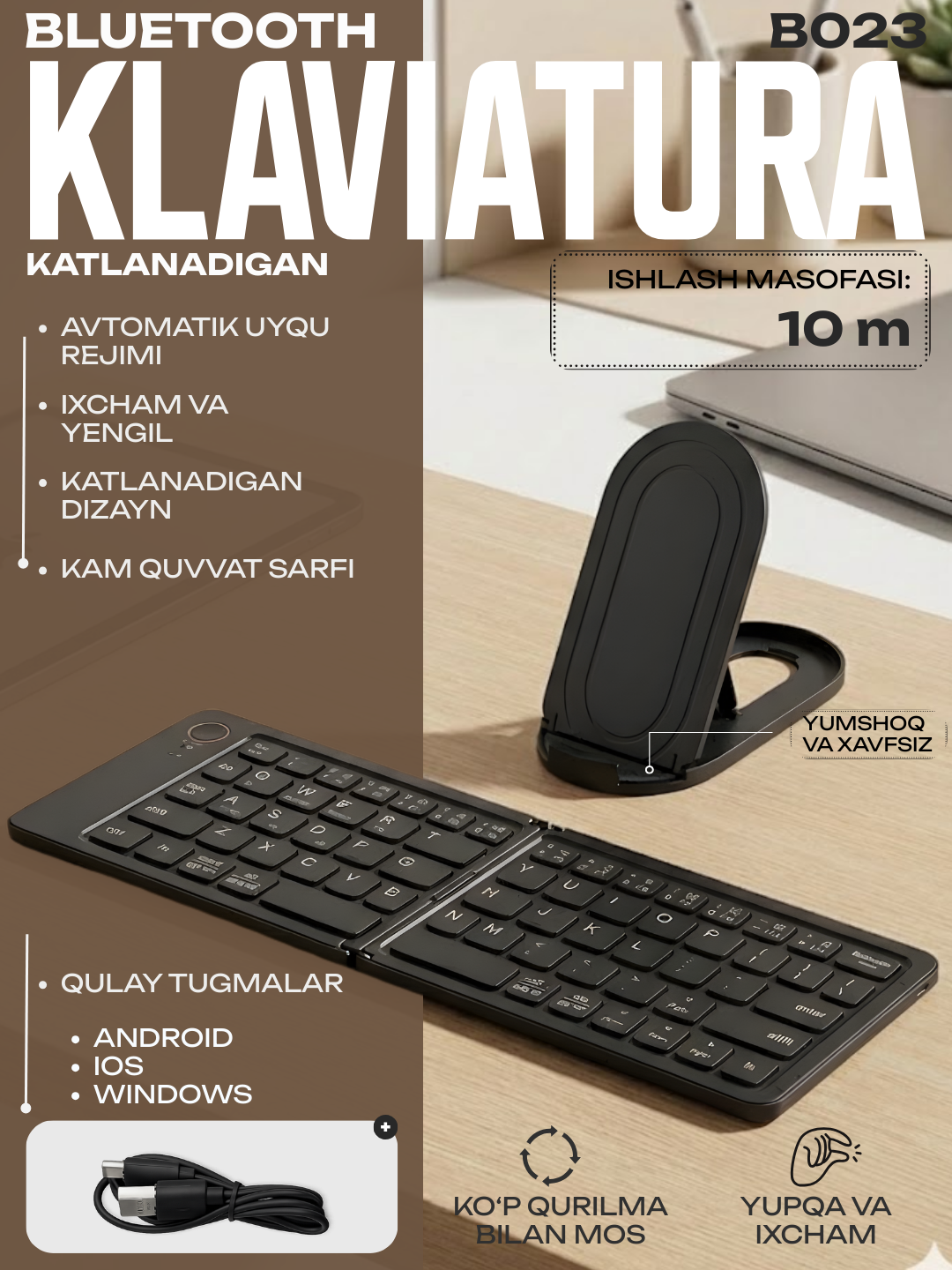 Bluetooth buklanadigan klaviatura B023, simsiz, Android iOS Windows uchun - 