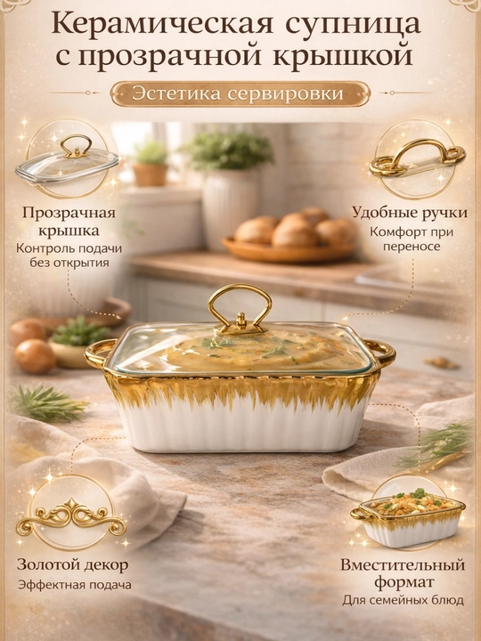 Shaffof qopqoqli va oltin bezakli keramik supnitsa - 