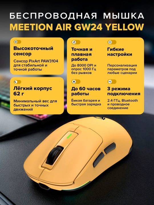 Air GW24 o‘yin sichqonchasi, ultra yengil, 62 g, 8000 DPI gacha - 