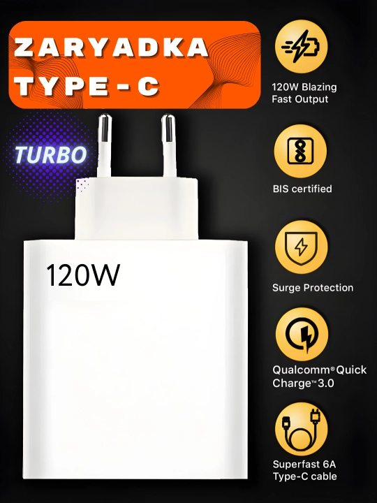 120W tez quvvatlash zaryadlovchi Type-C kabel, PD Fast Charge - 