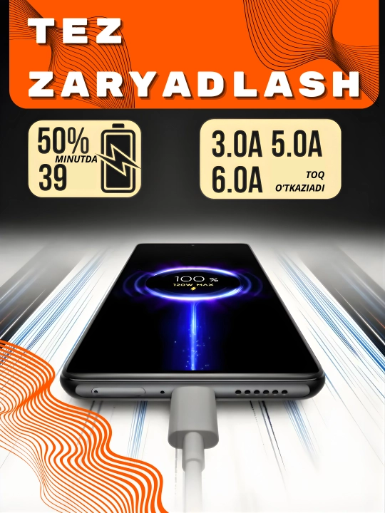120W tez quvvatlash zaryadlovchi Type-C kabel, PD Fast Charge