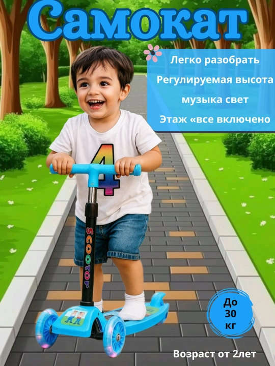 Yig‘ma bolalar samokati – yoritgich va musiqali do‘stlik