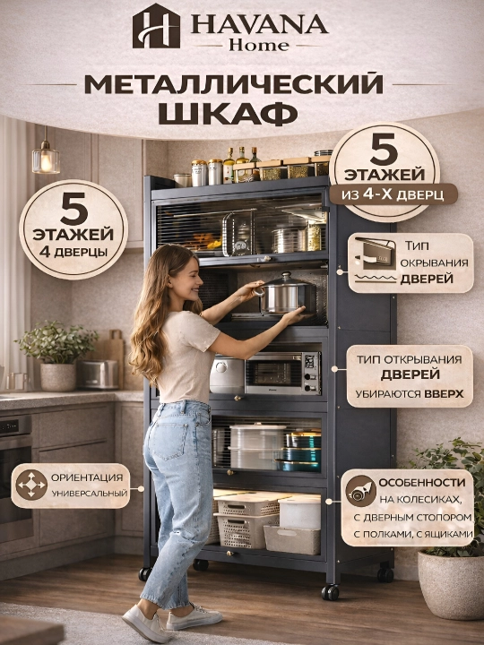 Metall shkaf - uy va oshxona uchun transformator, tokcha, javon, etajerka