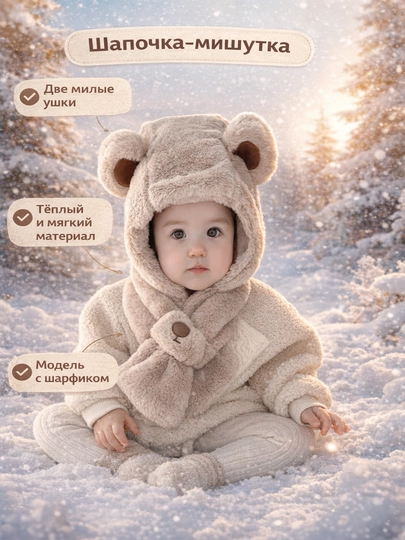 Шапка-ушанка для детей, детская шапка, для мальчиков и девочек — AISHKO-ШАПКАУШАНКА-БЕЖЕВ-54