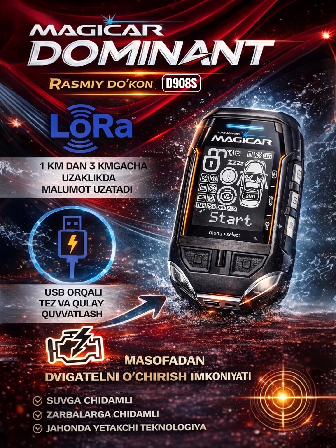 Avtomobil signalizatsiyasi Dominator Magicar, masofadan boshqarish pulti bilan, D908S