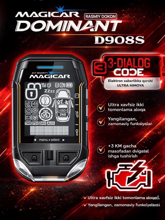 Avtomobil signalizatsiyasi Dominator Magicar, masofadan boshqarish pulti bilan, D908S