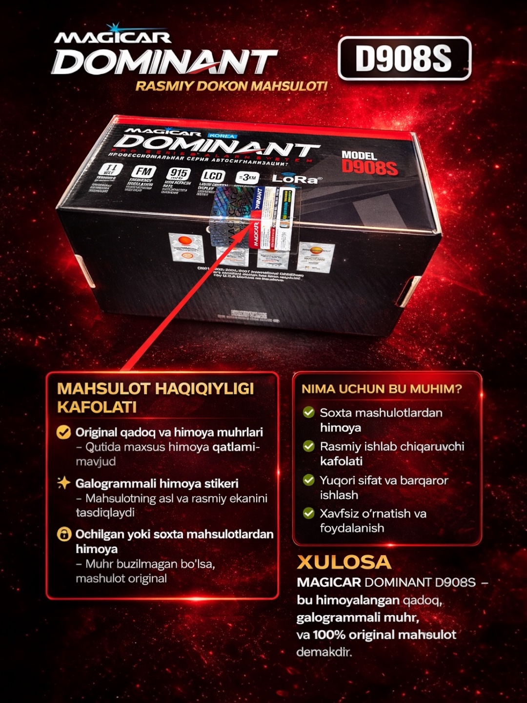 Avtomobil signalizatsiyasi Dominator Magicar, masofadan boshqarish pulti bilan, D908S