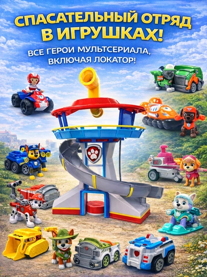 Щенячий патруль База Щенячий офис, Сторожевая башня + 9 откатных транспортных средств