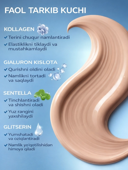 Yuz uchun tonal krem, namlantiruvchi krem, kollagenli krem, Collagen, SPF15