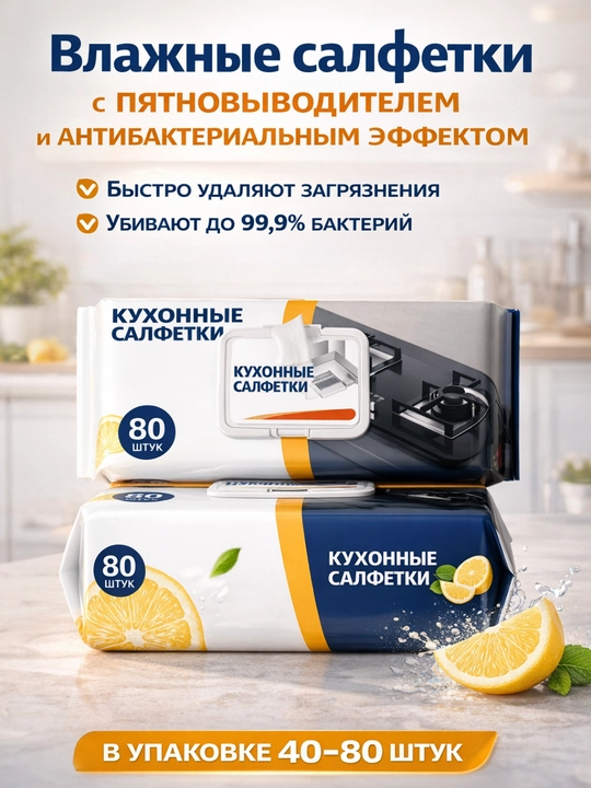 Влажные салфетки с пятновыводителем и антибактериальным эффектом, в упаковке 40–80 штук - 