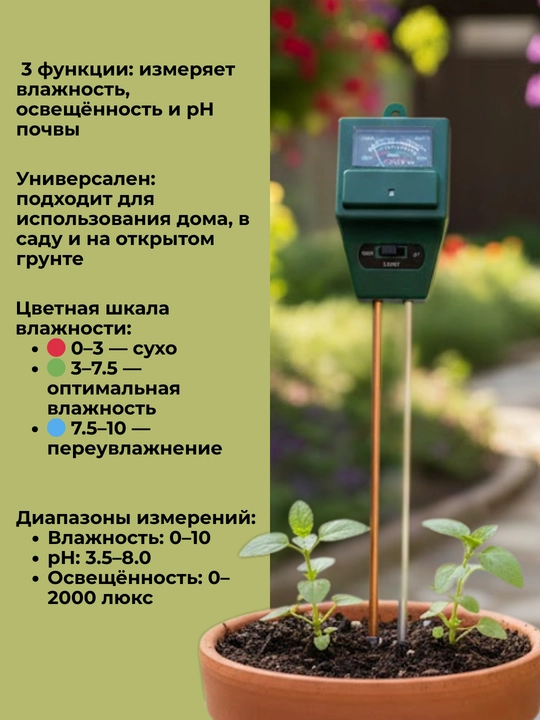 Universal Ph-metr lyuksmetr gigrometri-tuproq uchun namlik o'lchagich, 3 tasi 1 da