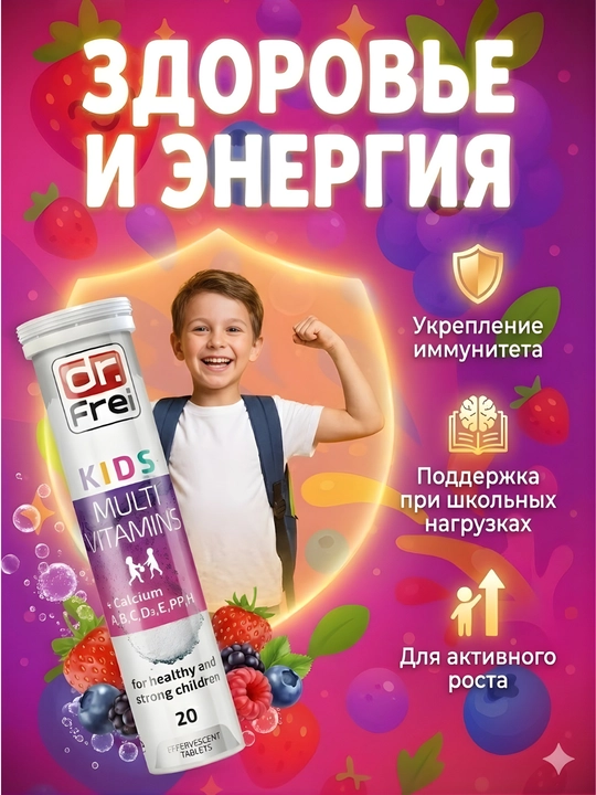 Витамины для детей, А,В,С,D3,Кальций, для иммунитета, роста и костей, 20 шт, Dr. Frei Kids