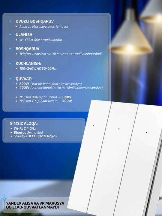 Aqlli o‘chirgich Wi-Fi, 1-2–3 zonali, LED indikatorli, devor uchun