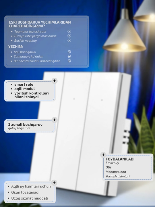 Aqlli o‘chirgich Wi-Fi, 1-2–3 zonali, LED indikatorli, devor uchun