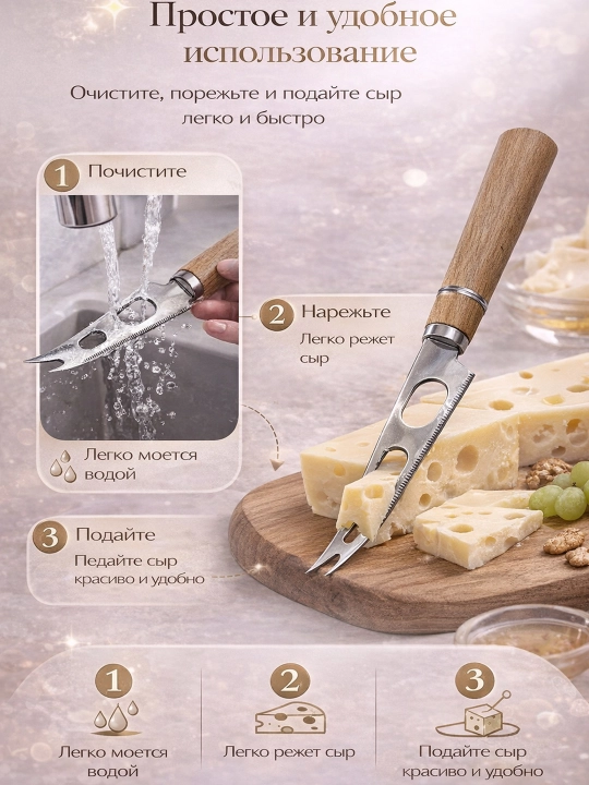 Нож для сыра, из нержавеющей стали, с деревянной ручкой, сырный нож с отверстиями