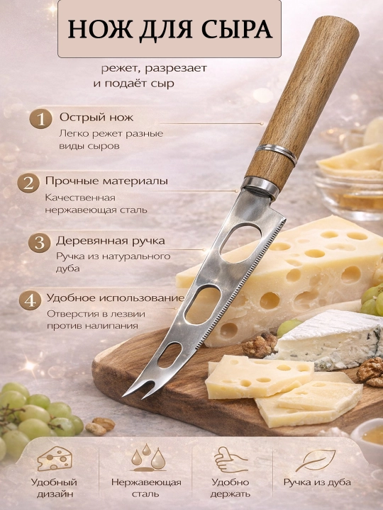 Нож для сыра, из нержавеющей стали, с деревянной ручкой, сырный нож с отверстиями - 