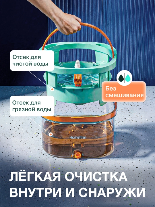 Швабра умная из микрофибры, с ведром моет только чистой водой, с насадкой