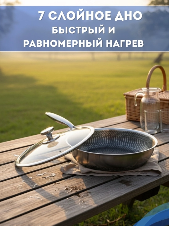 Tova 24 sm — zanglamaydigan po‘lat, Hexagon qoplama, shisha qopqoqli (skovorodka)