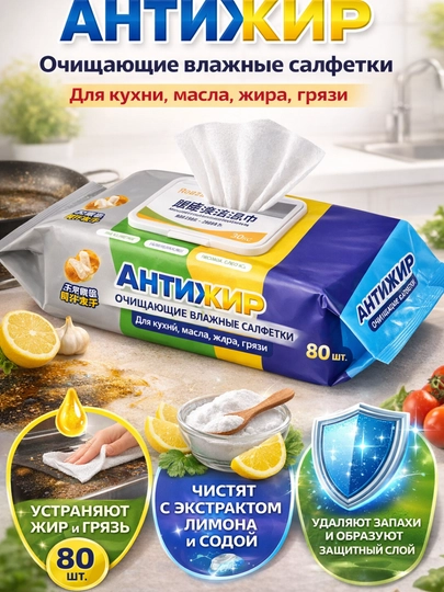 Антижир oчищающие влажные салфетки, для кухни, масла, жира, грязи, 80 шт