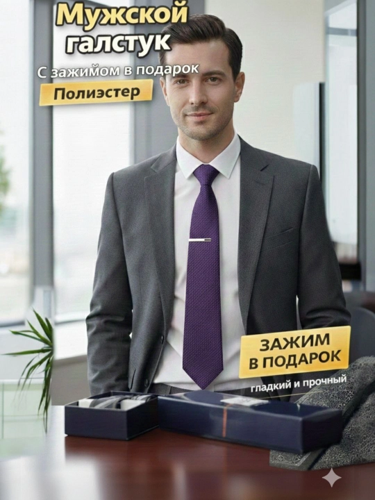 Мужской галстук классический, для офиса и праздников, зажим для галстука в подарок - 