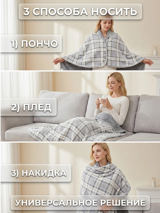 Тёплый плед-накидка, пончо, зимний, флисовый, на кнопках, для дома и офиса, 100×140 см