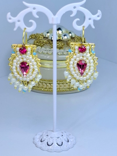 Серьги бижутерия с зелёным камнем и жемчугом, вечерние женские, восточный стиль