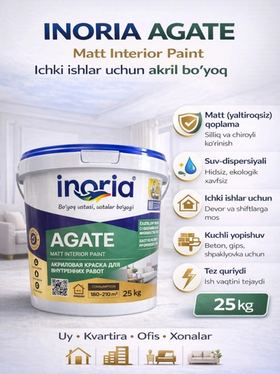 INORIA AGATE – акриловая матовая краска для интерьера, 4, 10, 25 кг