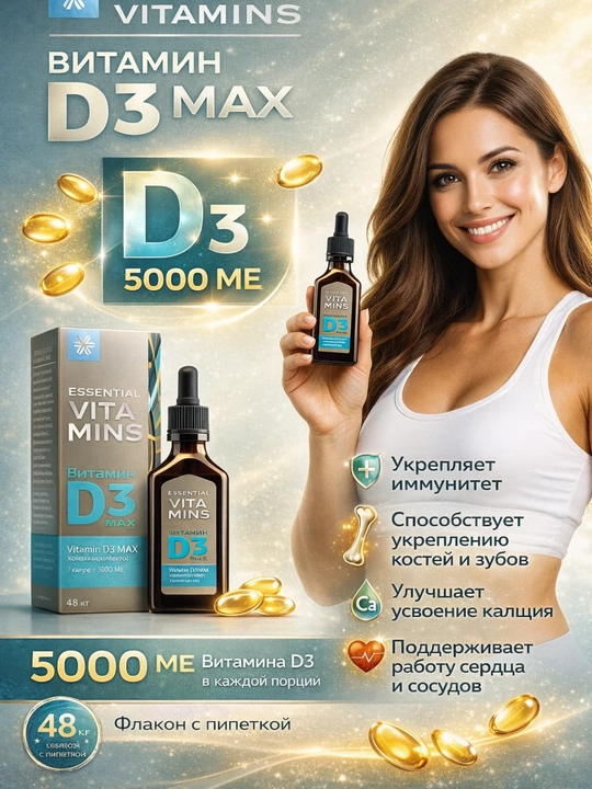 D3 MAX vitamini 500 XB, tomchili, bolalar va kattalar uchun,MCT yog‘ida,Essential Vitamins