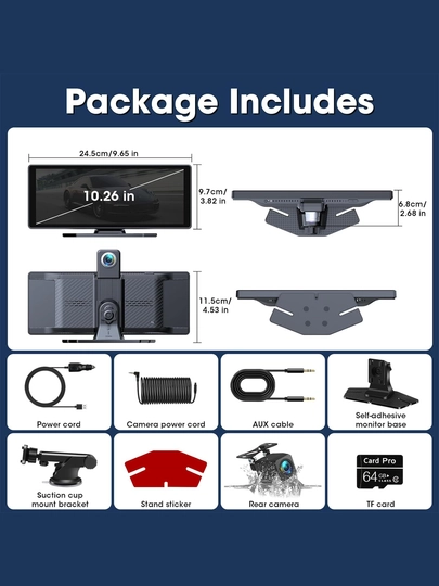 Smart 4K videoregistrator 10.26" Full sensorli displey, CarPlay/AndroidAuto, 64Gb+Aux 3